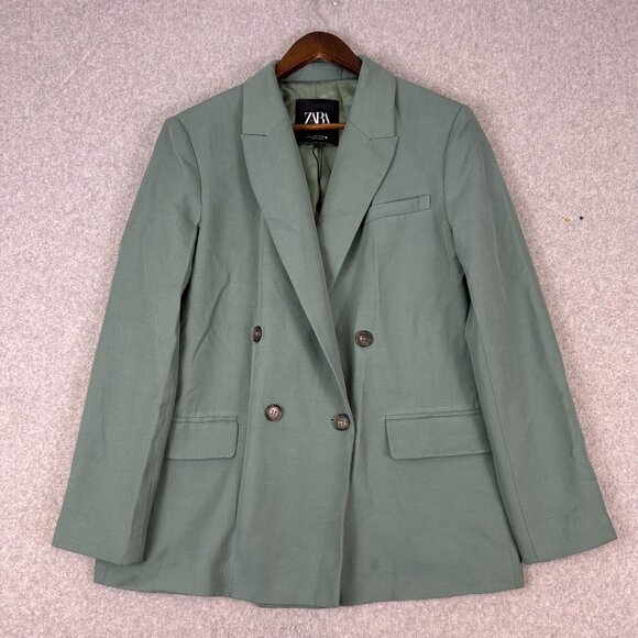 Zara Blazer Women Medium Light Green Longline Straight Single Vented Office NWOT - Picture 1 of 13